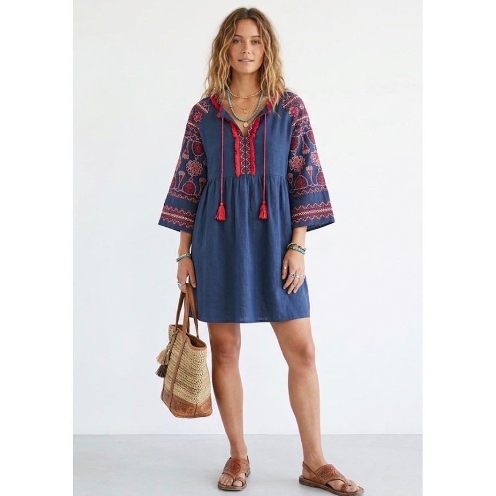 Free The Roses Navy Blue Embroidered Boho‎ Babydoll Mini Dress Red Tassels Small